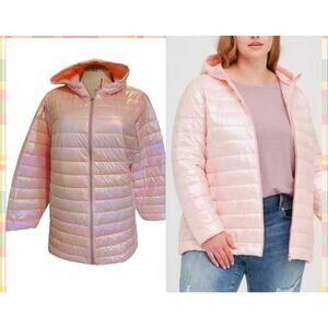 Torrid 4 (4X 26) Pink Iridescent Lightweight Nylon Hooded Packable Puffer Jacket